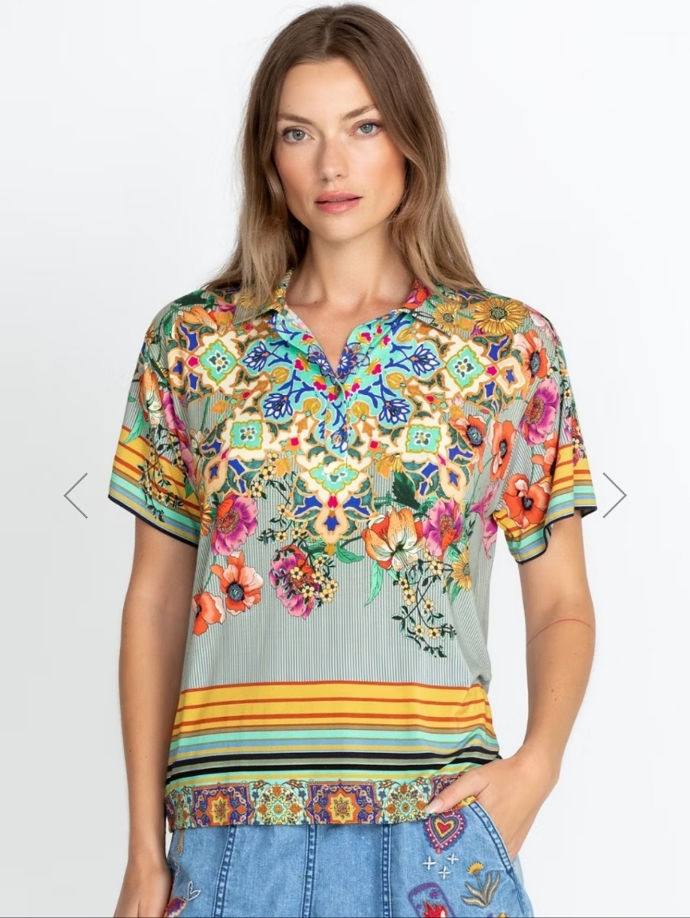 Johnny Was Printed Hunter Polo Top Sz L